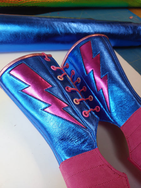 Custom Blue metallic Aerial boots w/Fuchsia metallic Lightning bolts & Pink suede & Zip