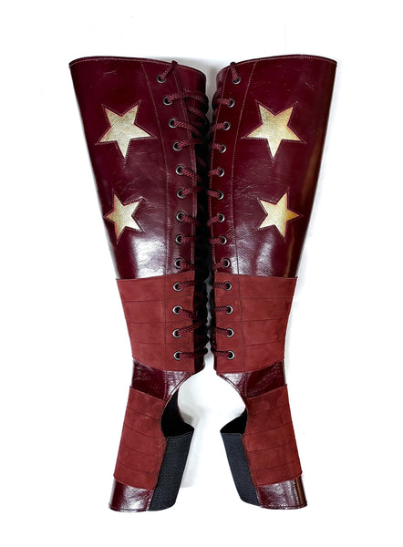 Custom Made BURGUNDY Leather Aerial boots w/ Suede Grip + GOLD STARS