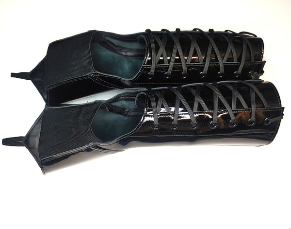 READY MADE Black Patent Pole Gaiters with toe sling Size 1-2