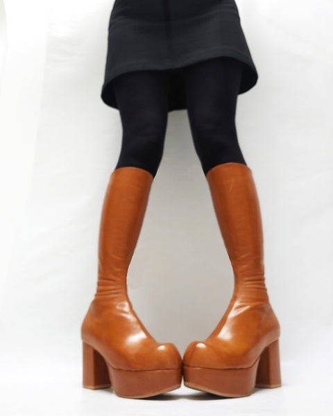 Platform Knee Boots Caramel w/70s toe shape