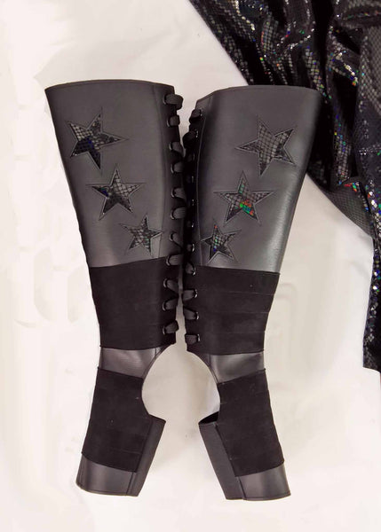Black Aerial boots w/ 3 Black REFLECTIVE SNAKE PRINT STARS + Suede Grip