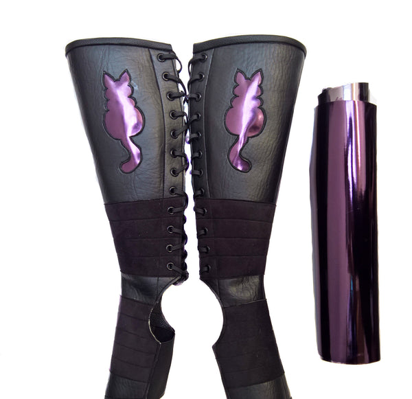 "Kitty" Classic Black Aerial boots w/ PURPLE metallic Cat + Suede Grip