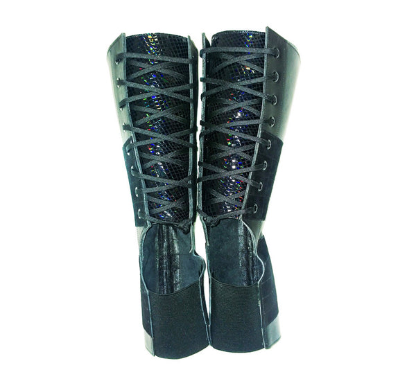A pair of classic Aerial boots to use for trapeze, lyra, corde lisse training with a shiny back panel in black iridescent snake print