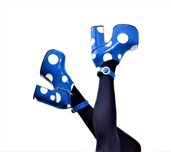 Cartoon Polkadot Platform Shoes - Blue & White Patent