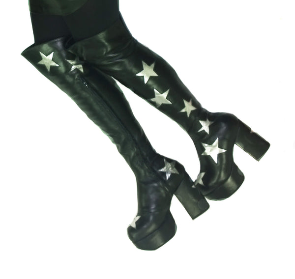 Wearing Stardust Overknee Black Long Platform Leather Circus Boots Silver Stars 70's