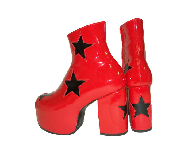 Red Patent Leather Platform Circus 70's Boots with Black Stars