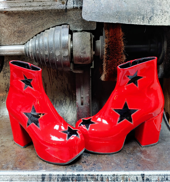 STARDUST Platform Ankle Boots - Red Patent Leather with Black Stars