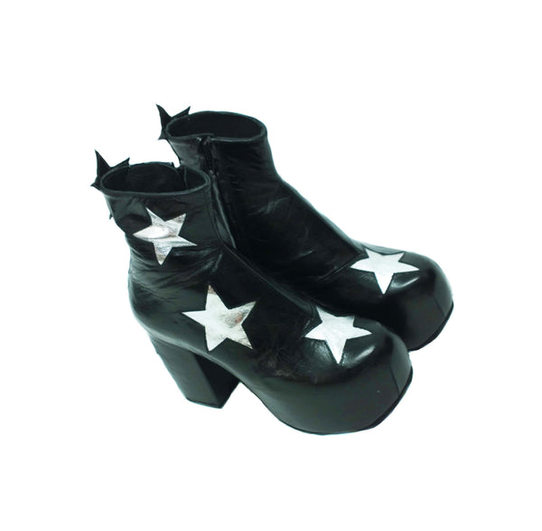 Stardust Platform Vegan or Real Leather Ankle Boots Black with Silver Metallic Stars Top View