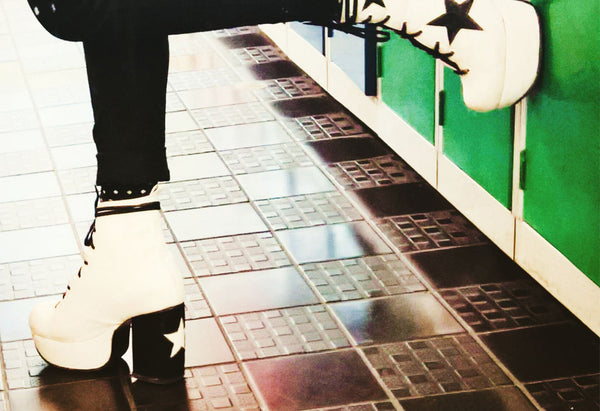 Model Wearing Stardust Platform Vegan or Real Leather Ankle Boots White Black Stars