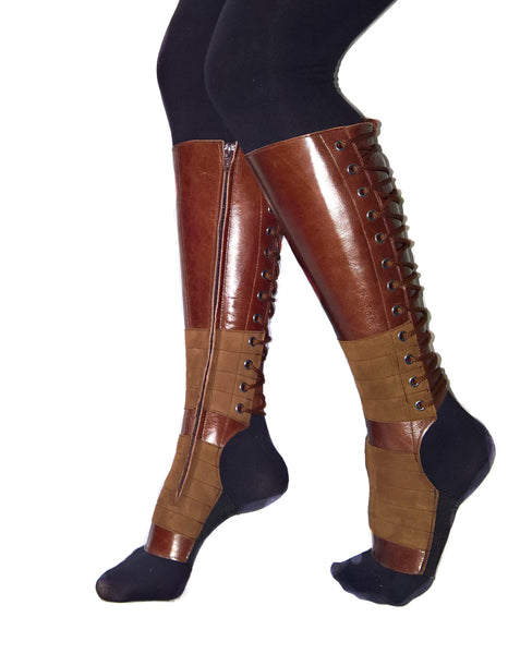 BROWN Leather Aerial boots w/ inside ZIP + Suede Grip