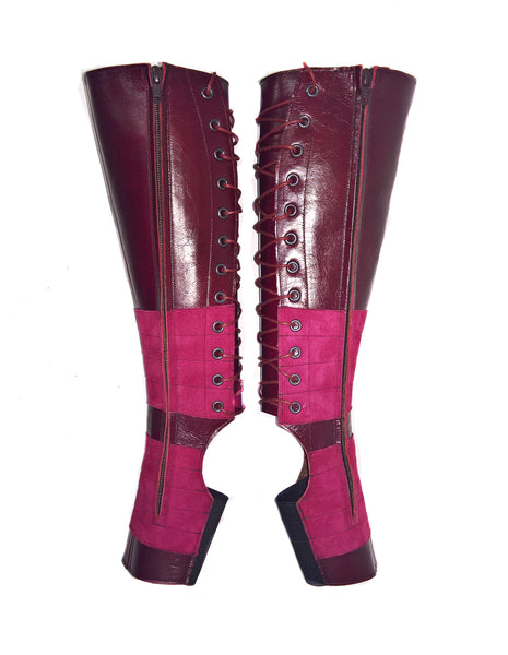 BURGUNDY Leather Aerial boots w/ inside ZIP + Suede Grip