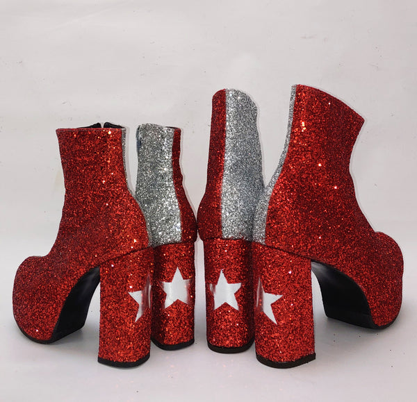 STARDUST "Harlequin" Platform Ankle Boots in Red & Silver Glitter