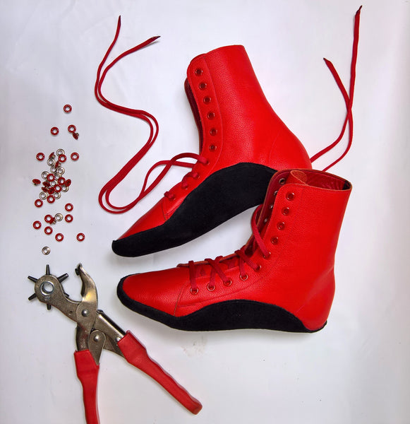 CUSTOM MADE Red Tightrope Boots w/ Black Sole
