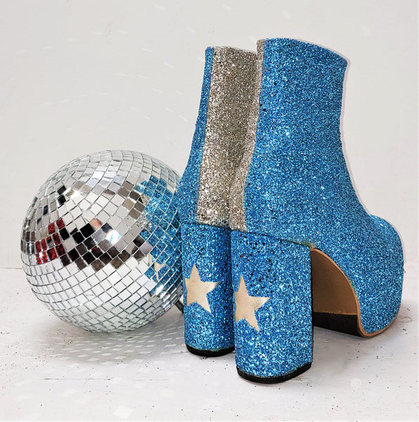 STARDUST "Harlequin" Platform Ankle Boots in Blue & Champagne Glitter