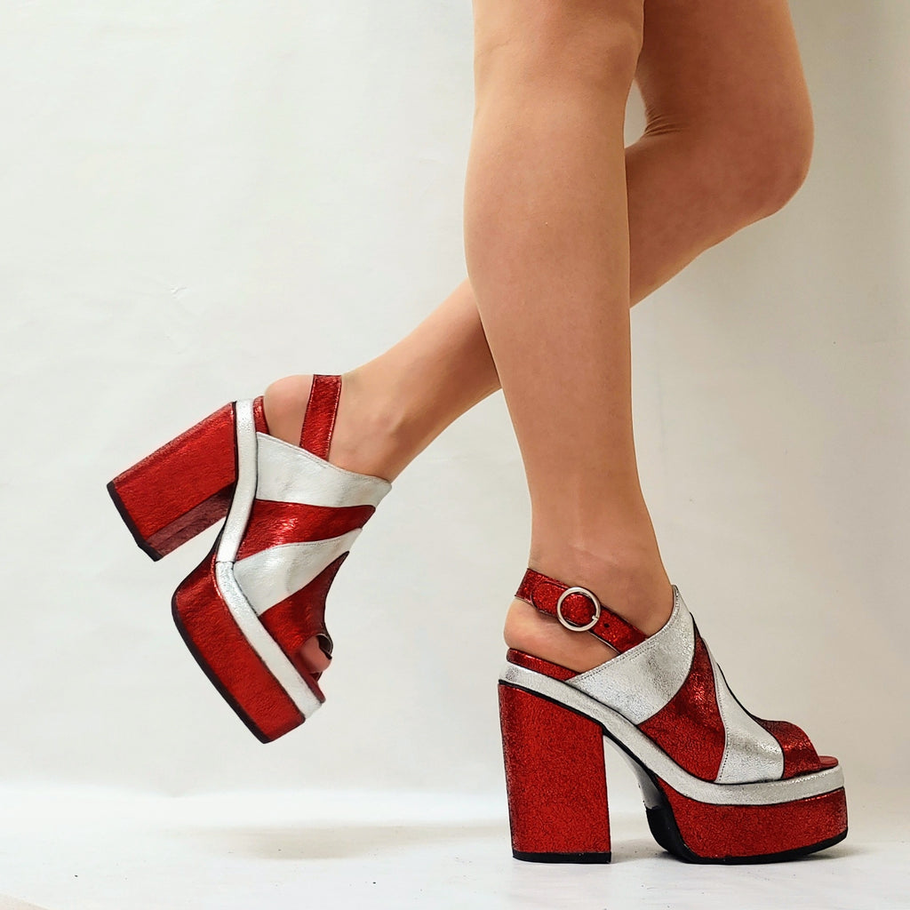 70's Disco Platform Sandals in Red & Silver Glitter leather – Isabella Mars