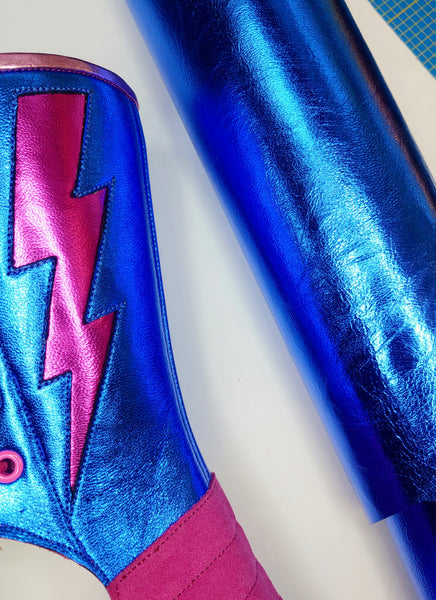 Custom Blue metallic Aerial boots w/Fuchsia metallic Lightning bolts & Pink suede & Zip