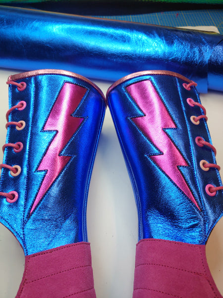 Custom Blue metallic Aerial boots w/Fuchsia metallic Lightning bolts & Pink suede & Zip