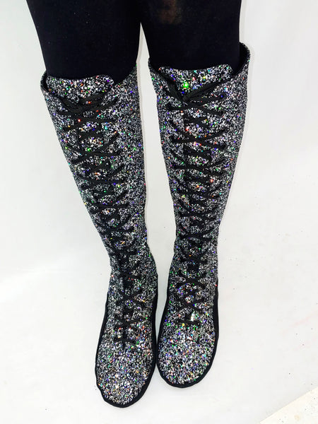 CUSTOM Silver & Black Glitter Tightrope KNEE HIGH Boots