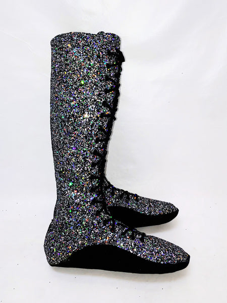 CUSTOM Silver & Black Glitter Tightrope KNEE HIGH Boots