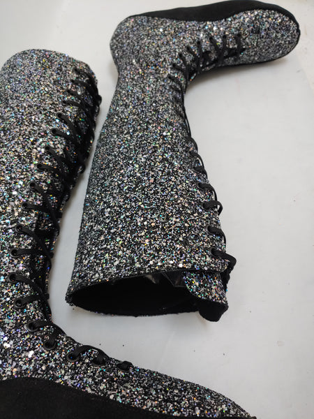CUSTOM Silver & Black Glitter Tightrope KNEE HIGH Boots