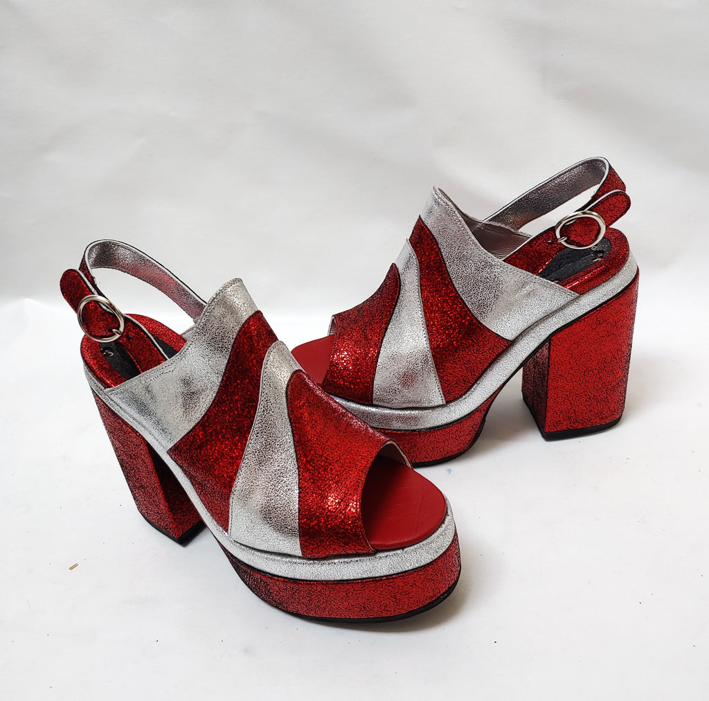 70's Disco Platform Sandals in Red Silver Glitter leather