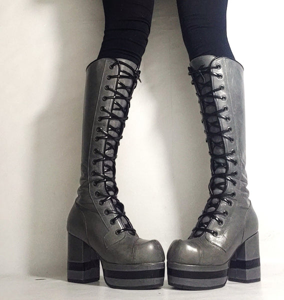 Grey Knee High Platform Boots