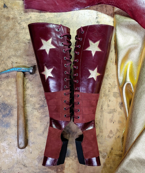 BURGUNDY Leather Aerial boots w/ Suede Grip + GOLD STARS
