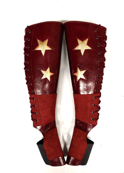 BURGUNDY Leather Aerial boots w/ Suede Grip + GOLD STARS