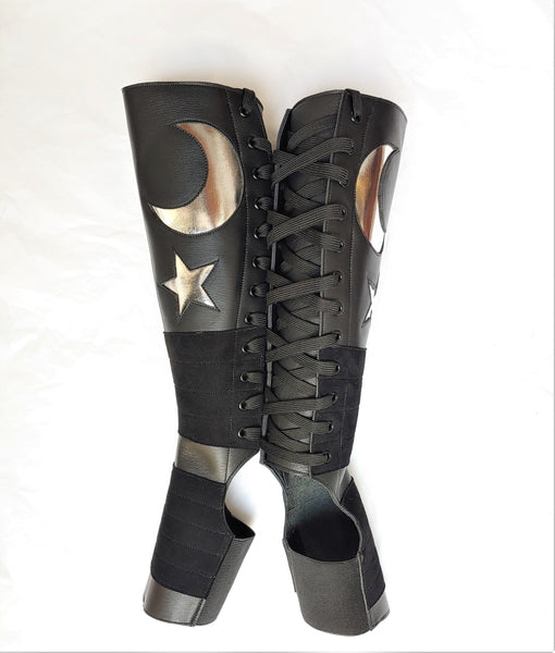 Black Aerial boots w/ Silver MOON & STAR + Suede Grip + ZIP