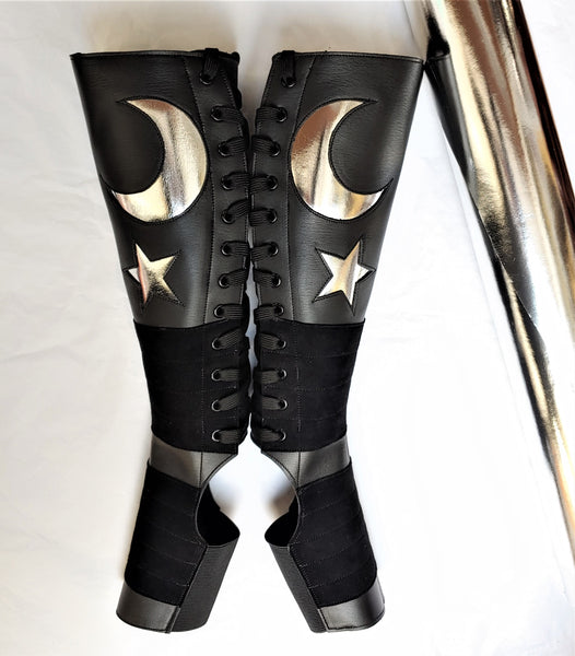 Black Aerial boots w/ Silver MOON & STAR + Suede Grip + ZIP