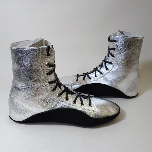 CUSTOM MADE Silver Tightrope Boots w/ Black sole