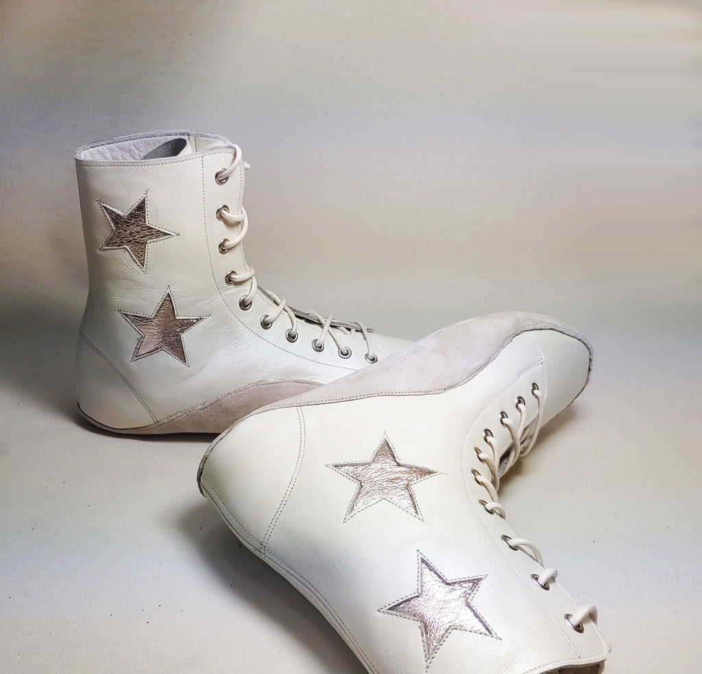 CUSTOM MADE Cream Tightrope Boots w/ metallic Stars