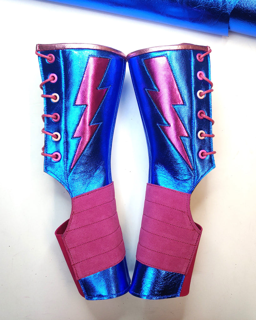 Custom Blue metallic Aerial boots w/Fuchsia metallic Lightning bolts & Pink suede & Zip