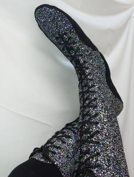 CUSTOM Silver & Black Glitter Tightrope KNEE HIGH Boots