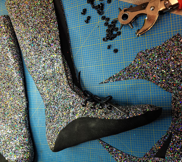 CUSTOM Silver & Black Glitter Tightrope KNEE HIGH Boots