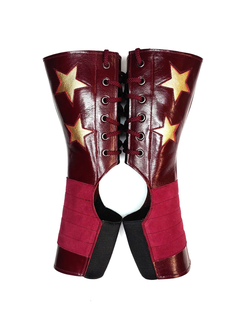 SHORT Burgundy Stardust Aerial boots w/ Gold Stars + Grip Panel