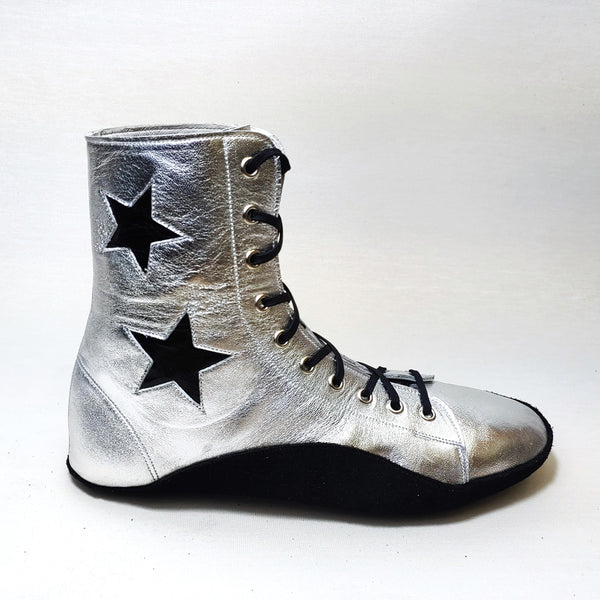 CUSTOM MADE Silver Tightrope Boots w/ 2 Black Stars