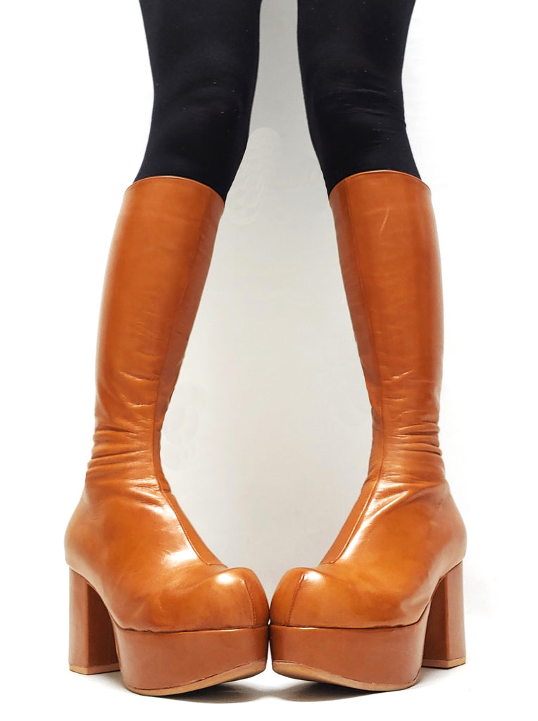 Platform Knee Boots Caramel w/70s toe shape