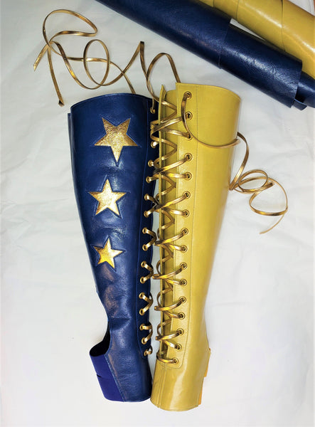 2 Tone Aerial boots w/ FRONT Lacing- Yellow/Blue + 3 Gold Stars + ZIPS