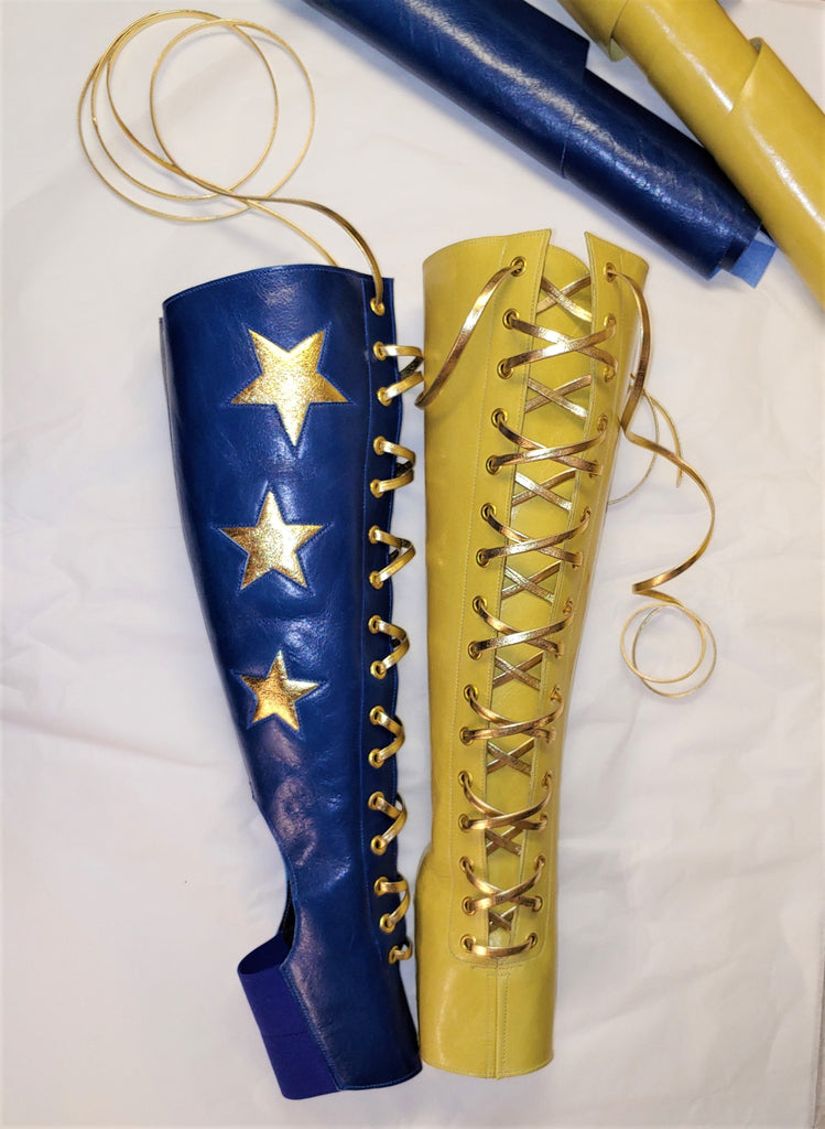 2 Tone Aerial boots w/ FRONT Lacing- Yellow/Blue + 3 Gold Stars + ZIPS