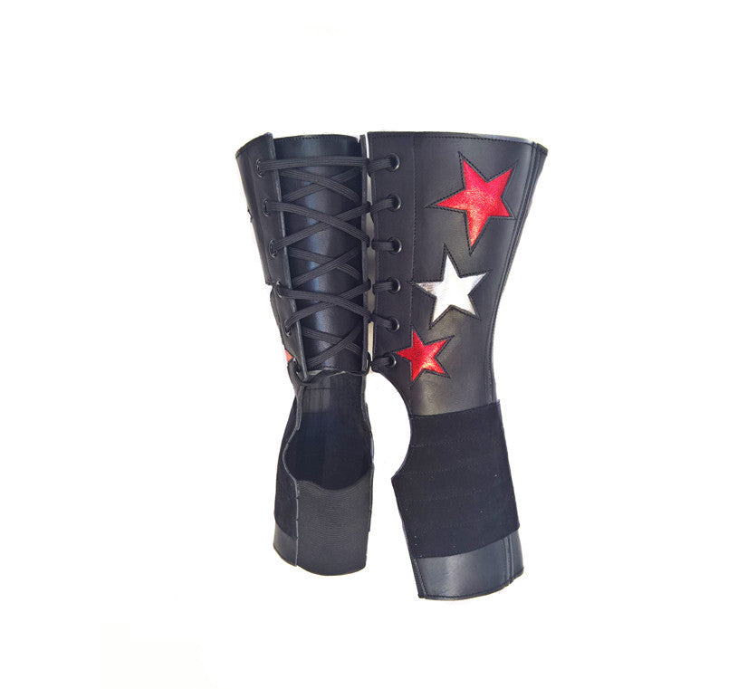 SHORT Black Aerial boots w/ metallic Red & Silver Stars + Suede Grip