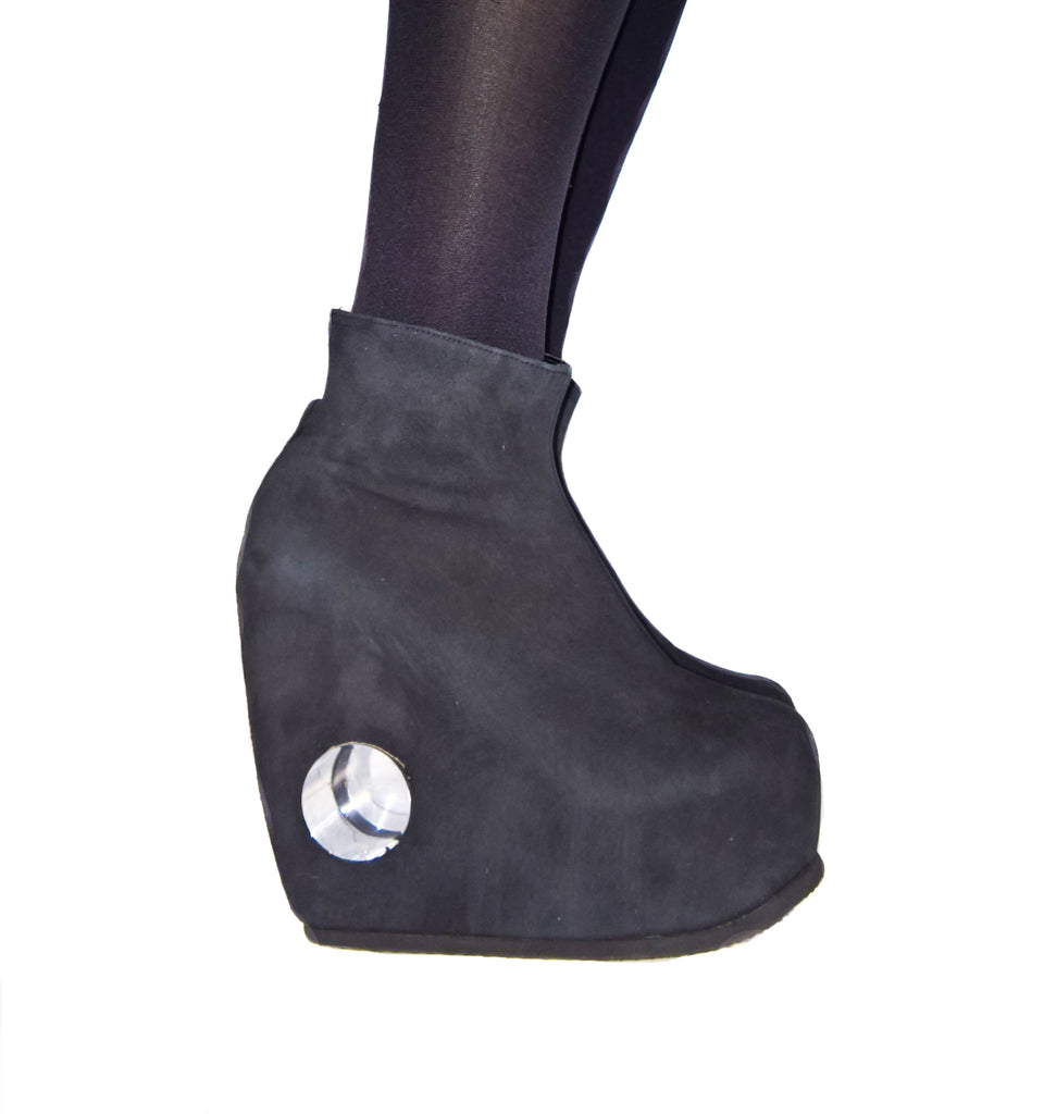 PEEPHOLE Platform Ankle Boots - Black Suede & Perspex hole