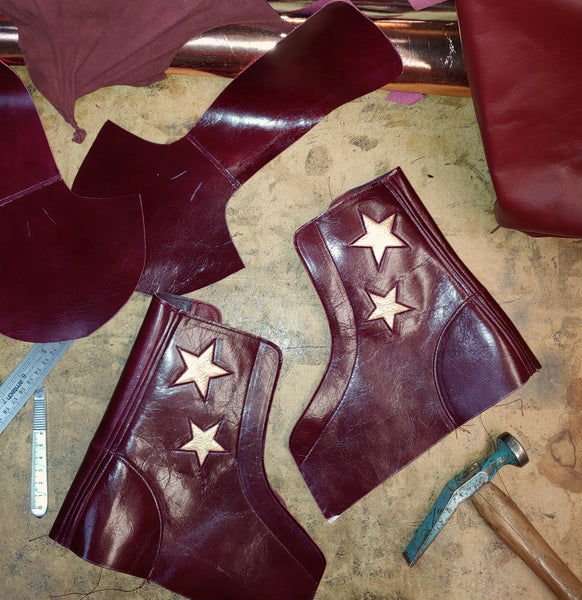 CUSTOM MADE Burgundy Tightrope Boots w/ 2 Gold Stars