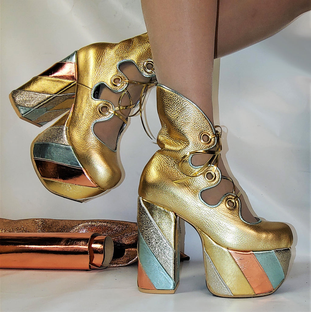 Metallic Leather 70s style Platform Gold knee high Boots