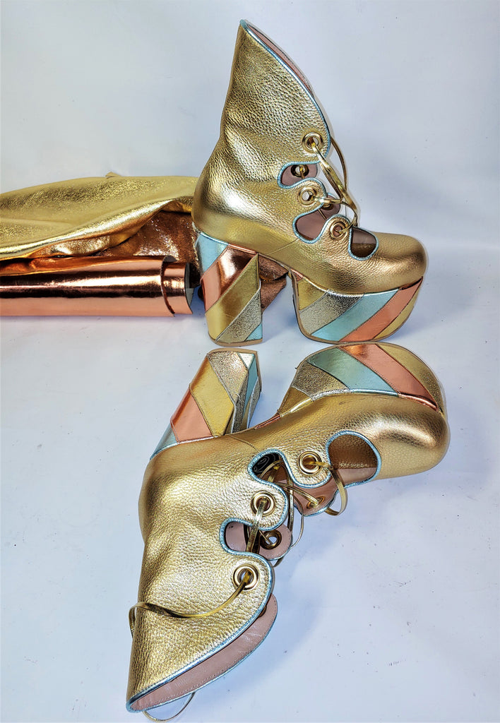 Metallic Leather 70s style Platform Gold knee high Boots