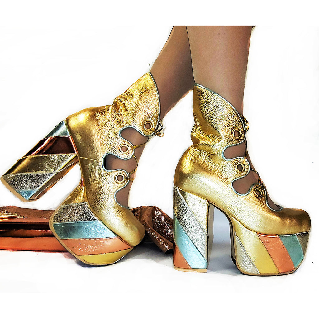 Metallic Leather 70s style Platform Gold knee high Boots – Isabella Mars