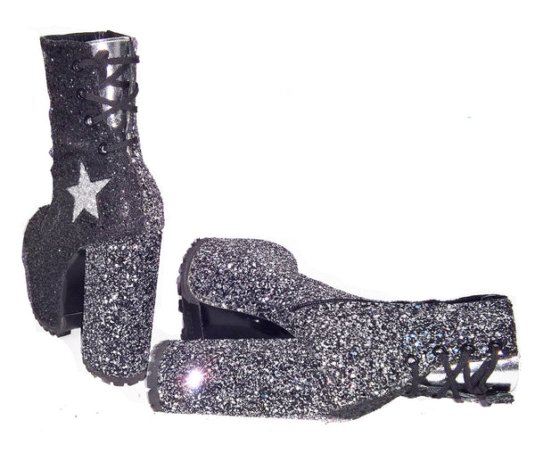 STARDUST "Harlequin" Platform Ankle Boots in Black & Silver Glitter