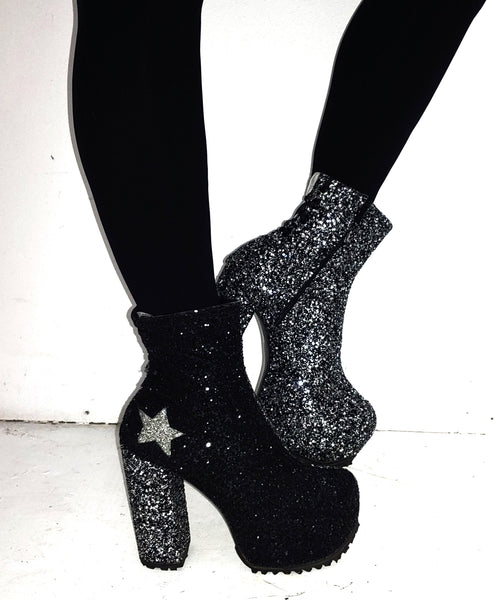 STARDUST "Harlequin" Platform Ankle Boots in Black & Silver Glitter