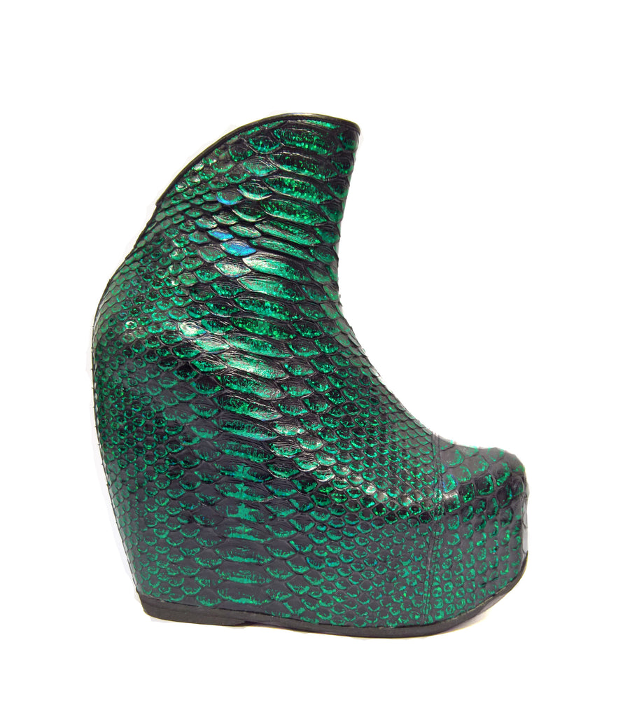 Mermaid Style Sea Green Platform Wedge Boots in Genuine Python Leather Side View