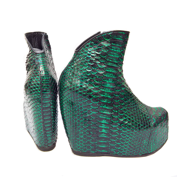 Mermaid Style Sea Green Platform Wedge Boots in Genuine Python Leather Rear View